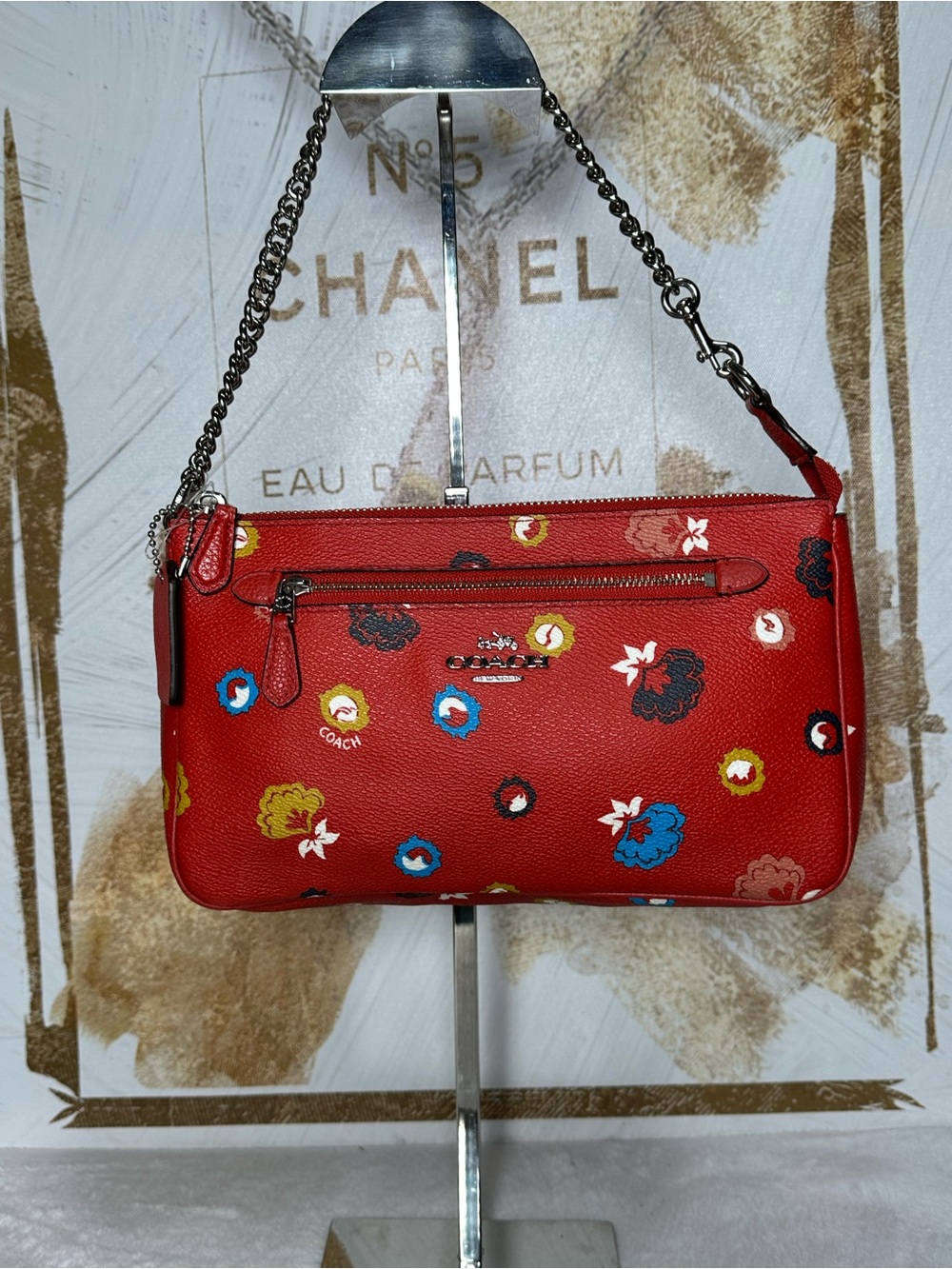Coach Red Floral Print Shoulder Bag with Silver Chain